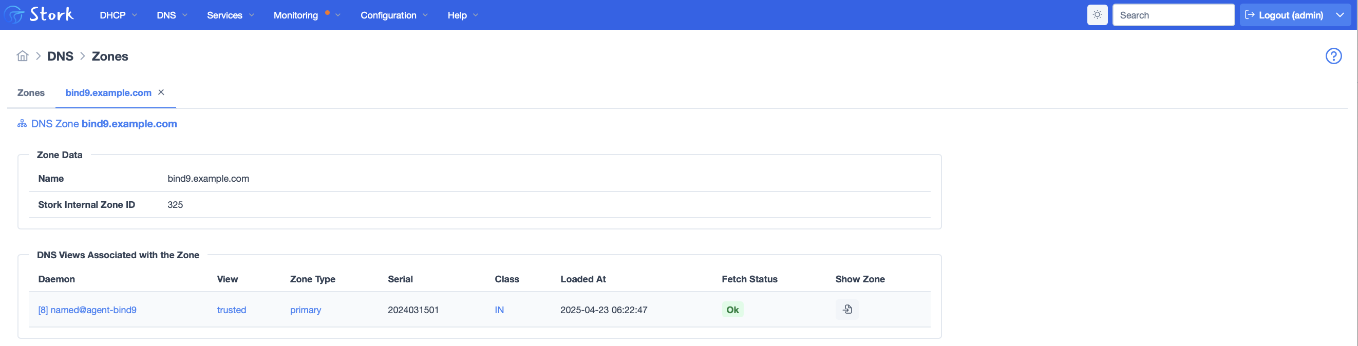 Stork screenshot of the bind9.example.com zone listing showing it is associated with one daemon, and listing the view, zone type, zone serial, class, date loaded, and fetch status.