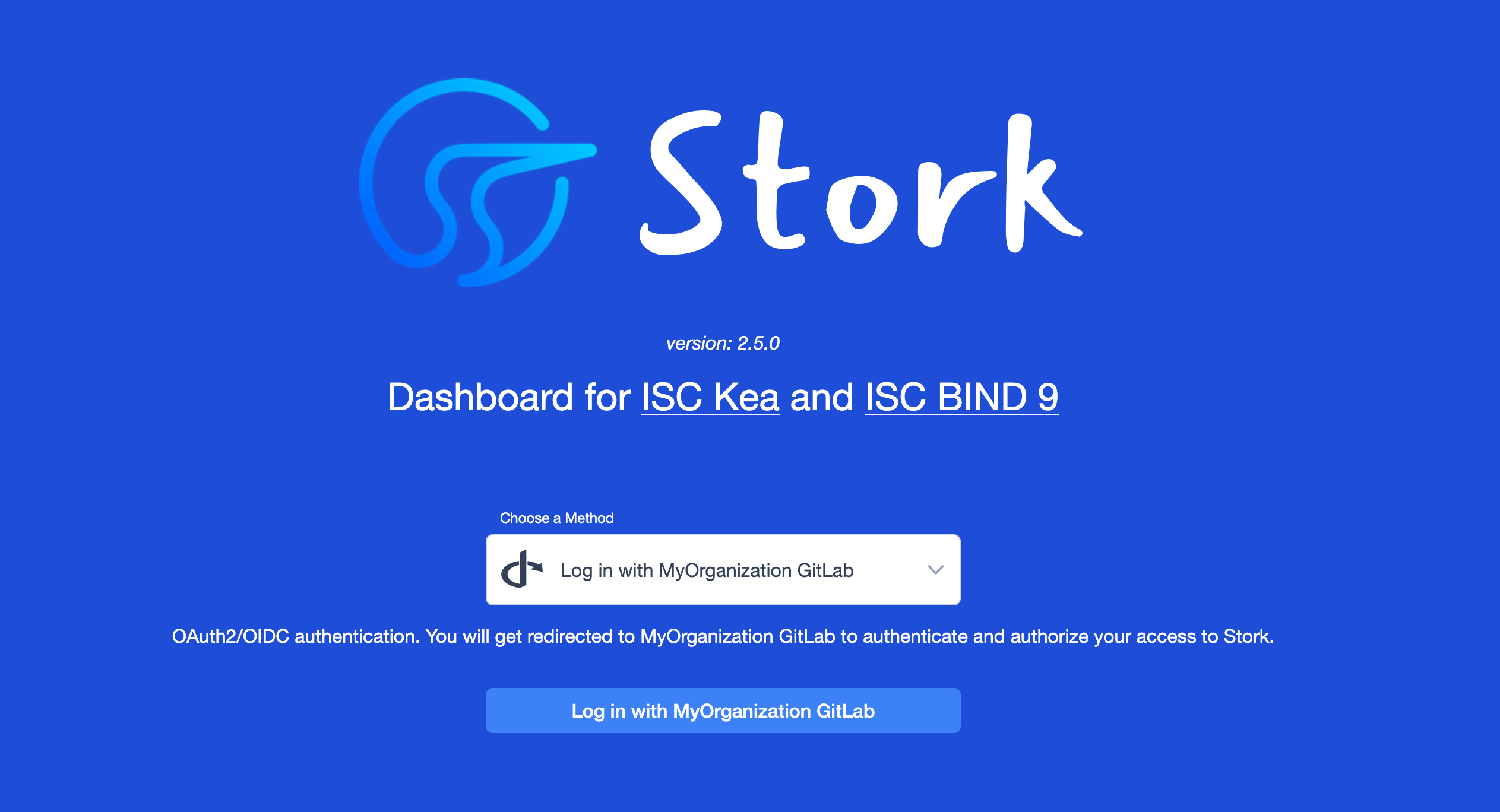 Stork screenshot showing the login page, showing the option to log in with OAuth2/OIDC authentication.