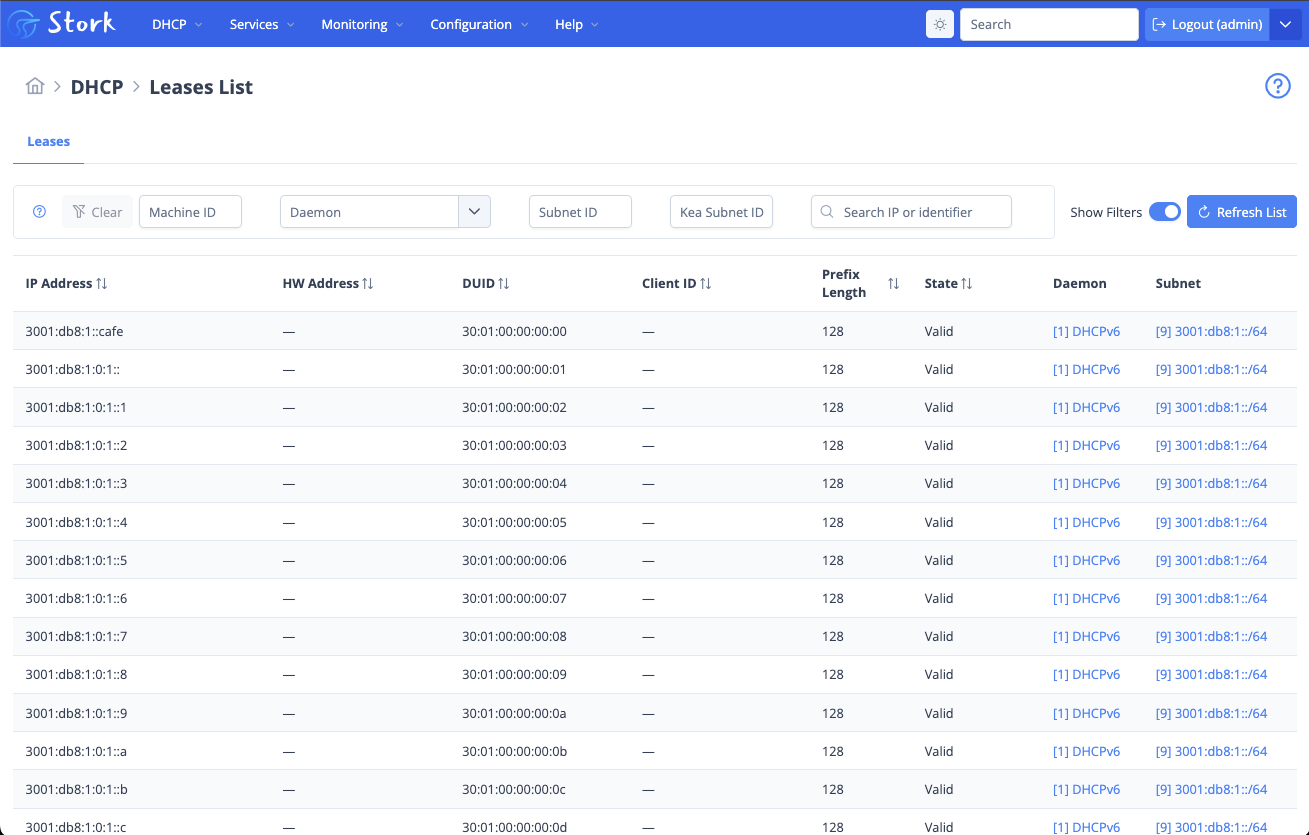 Stork screenshot showing dhcp v 6 leases.