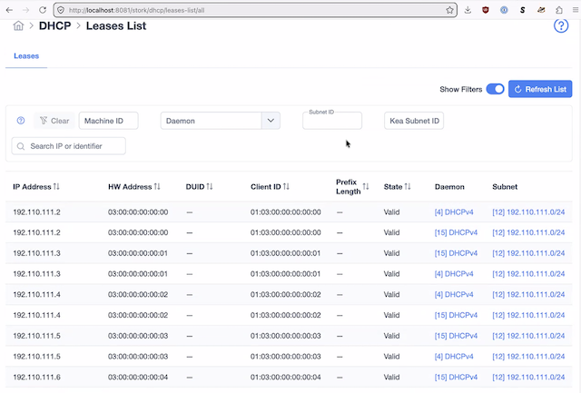 Stork screenshot showing dhcp v 4 leases.